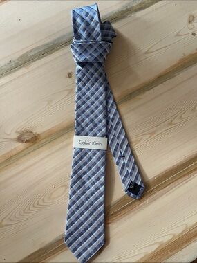 Calvin Klein Blue and Light Blue Plaid Silk Tie